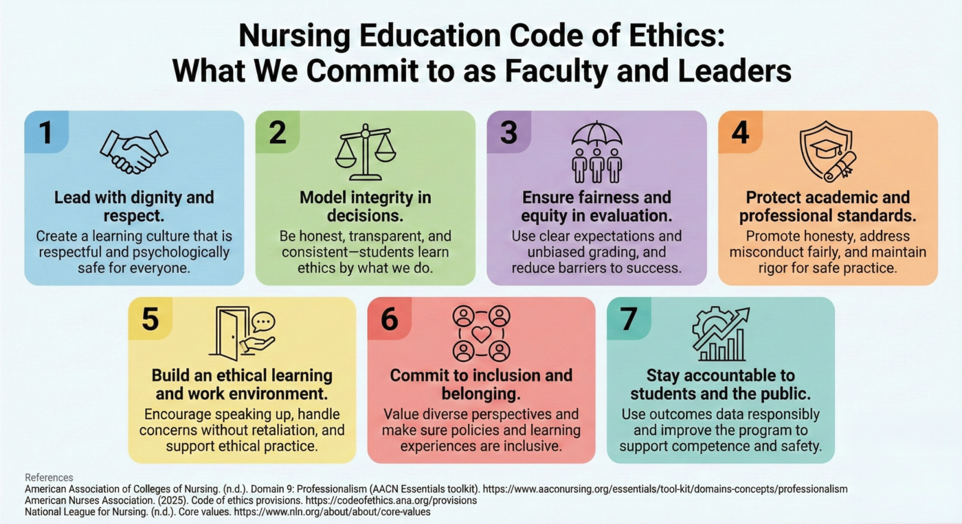 Nursing Education Code of Ethics infographic showing 7 principles for faculty and leaders